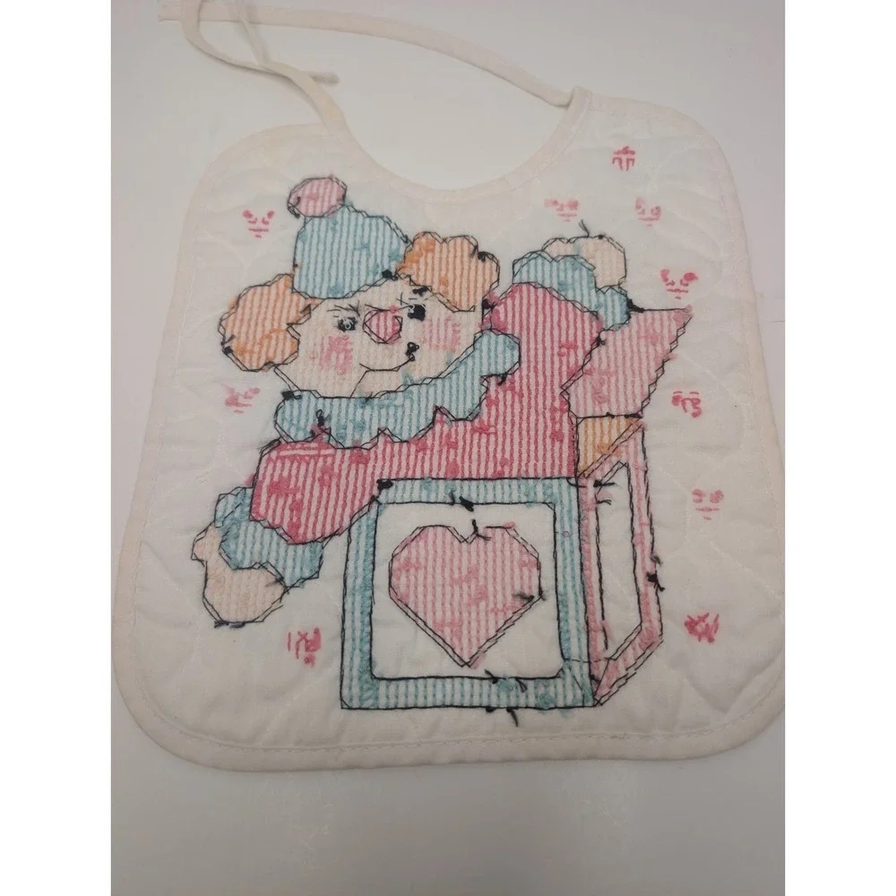 Vintage Handmade Cross Stitch Baby‎ Bib Clown Heart Nursery Cottagecore Tie Back